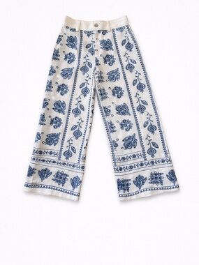 Joie Embroidery Paisley Linen Blend Pants Sz 2 High Rise Wide Leg Boho Coastal